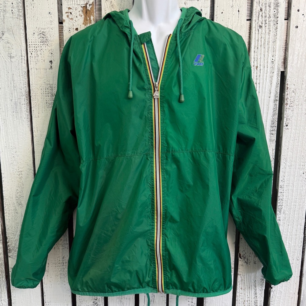 Vtg K-Way Packable Windbreaker Jacket L Green Hooded Full Zip Travel Retro Prop